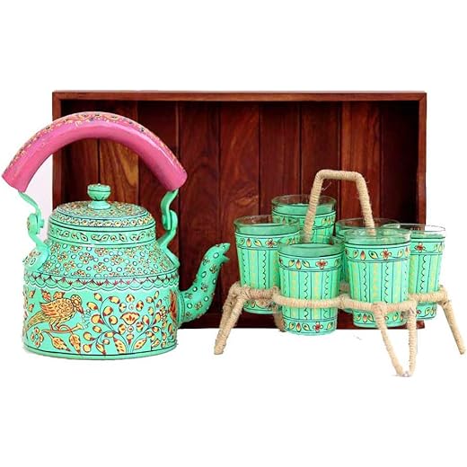 iHandikart Tea Kettle Pot with 6 Glasses Chika and Wooden Se