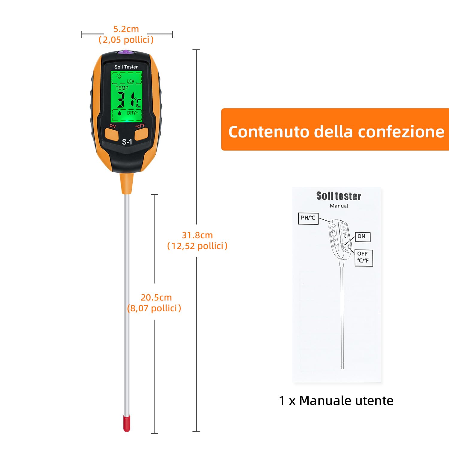 Mcbazel Misuratore del Suolo Digitale 4 in 1 per Piante, Tester per Il Suolo con PH/Temperatura/umidità/Luce per Giardinaggio, Prato, Agricoltura e Piante da Esterno
