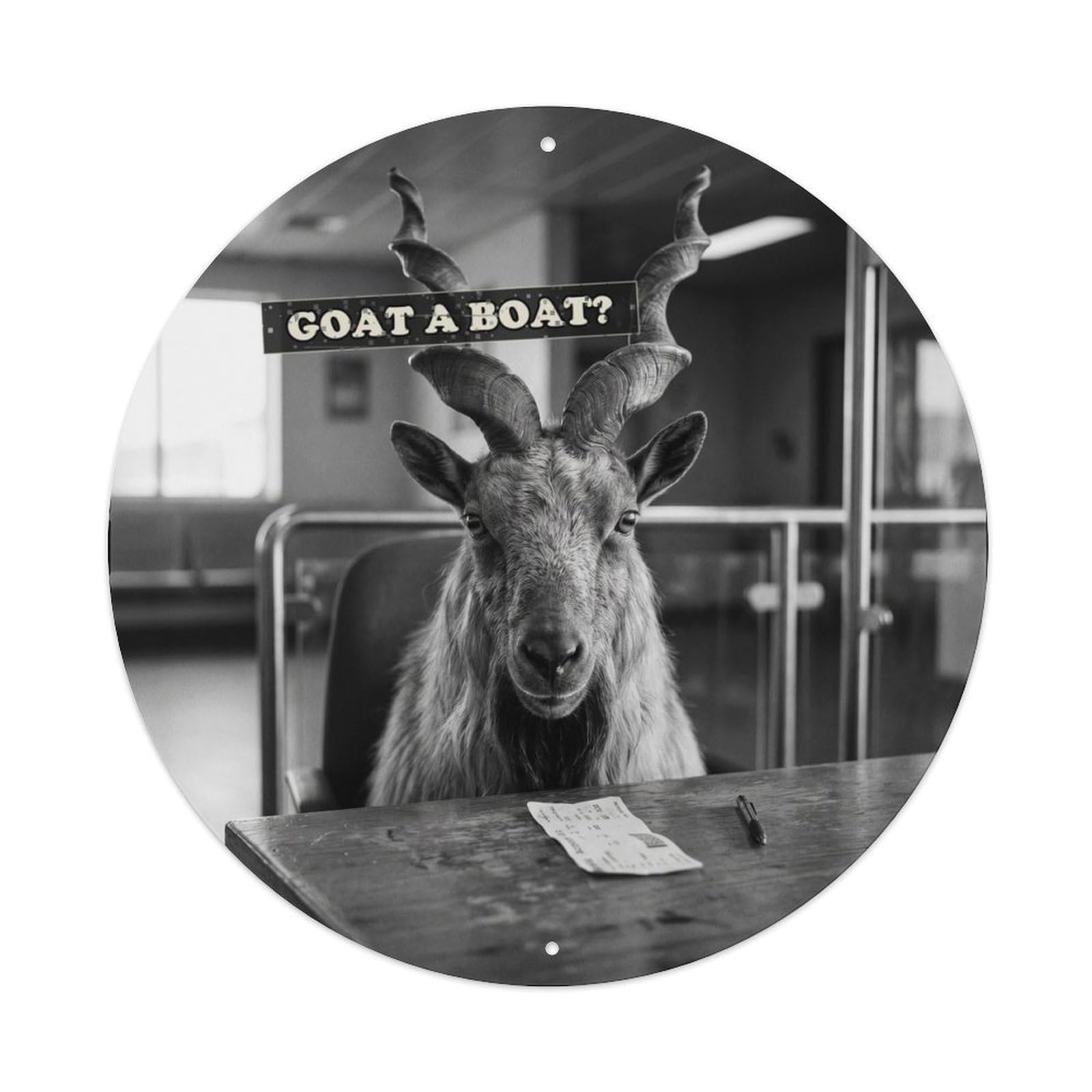Animal Markhor Ferry Terminal Funny Anthropomorphic Satire Metal Tin Sign Plaque Wall Decor for Cafe, Man Cave, Club Bar, Office, Home Garden Round Metal Poster 8x8Inch