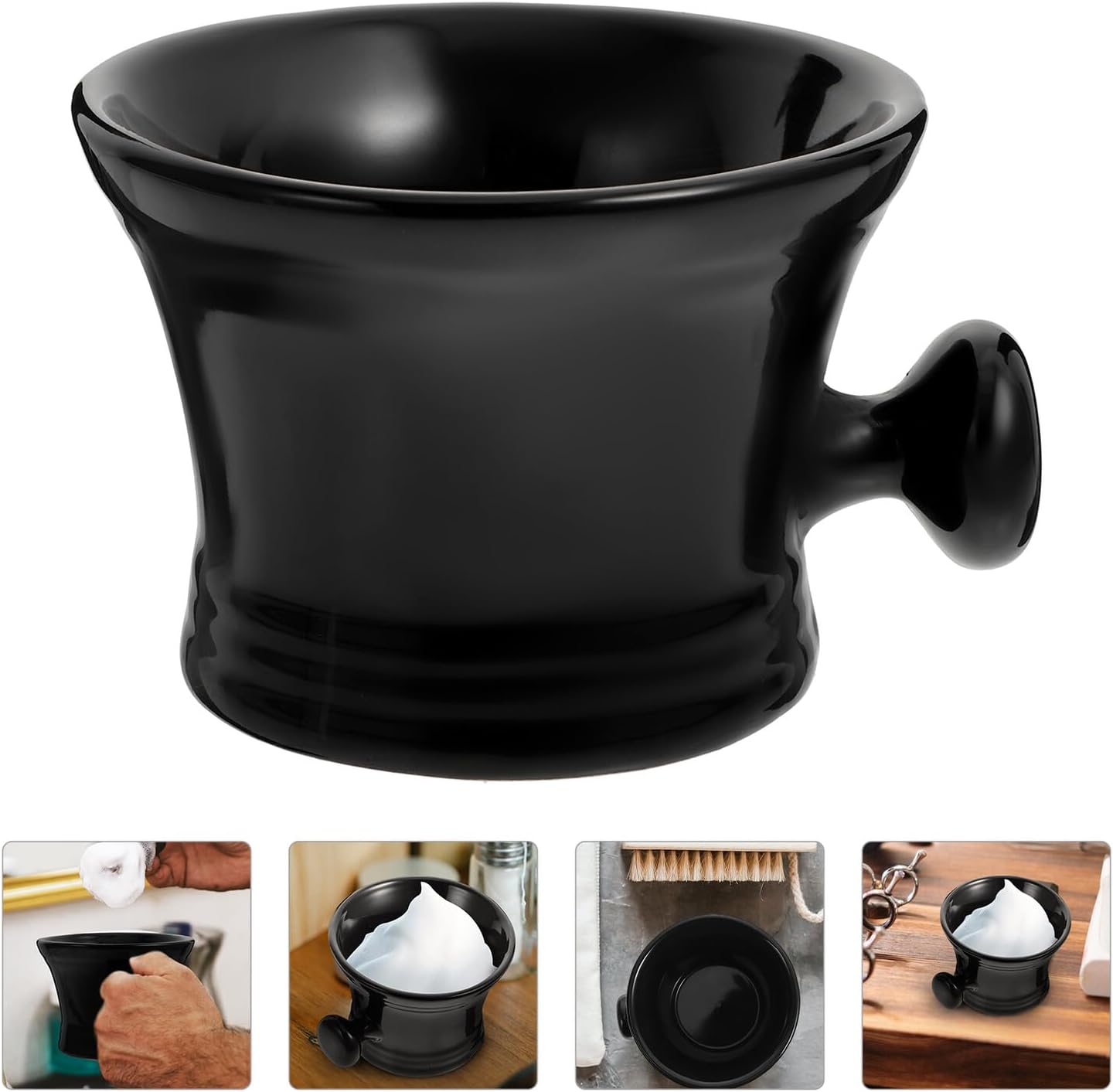 Black Ceramic Shaving Soap Bowl with Handle for Men Shaving Cream Foaming Container Simple Sturdy Soap Bowl and Beard Grooming