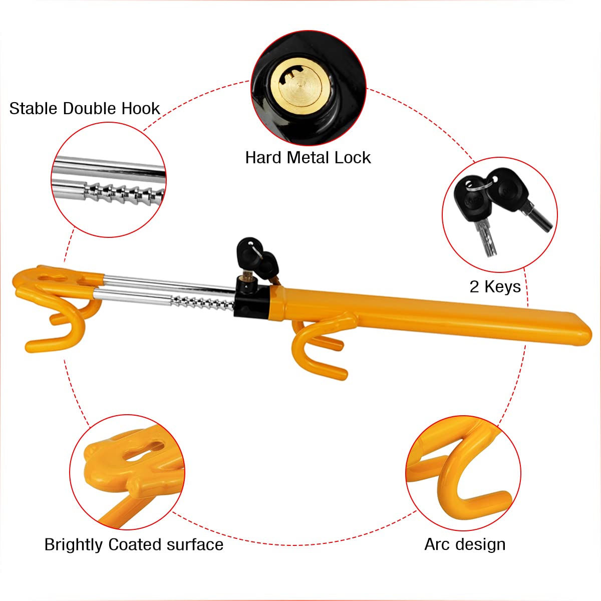 Kekadmai Steering Wheel Lock, Adjustable Anti-Theft Double Hook Lock, Heavy Duty Car Security Device, Universal for Most Vehicles (Yellow)