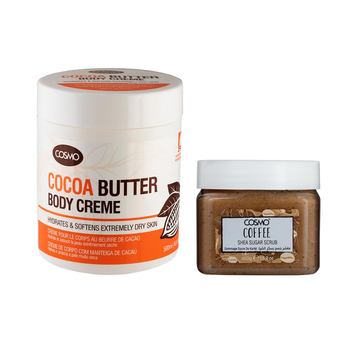 Cosmo Bath & Body Set Cocoa Butter Body Cream 500ml & Coffee Shea Sugar Scrub 450g Combo | Hydrate | Moisturizer | Brighten | Fast Absorb | Non Greasy | Deep Exfoliate Scrubber | For Men & Women-image-8