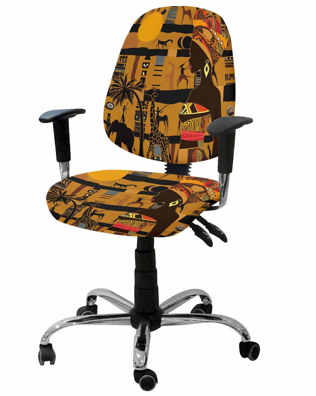 Brown Boho 2 Pieces Computer Office Chair Covers Set,Stretchable Desk Rotating Chair Seat Cushion Slipcover Back Covers,Black African Female Animals Palm Tree Ethnic Slipcover Back Cover Protector