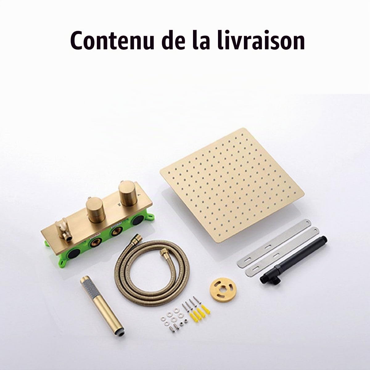 Colonne de Douche Thermostatique Dorée, Moderne 16inch / 400mm Pluie Ensemble de Douche Encastré, Système de Douche Encastré Pose au Plafond, Douchette, 59A Laiton (Or Brossé)