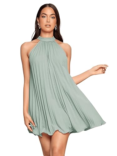 SweatyRocks Women's Casual Sleeveless Tie Back Halter Dress Mini Swing Pleated A-line Loose Dress - Small - Mint Green
