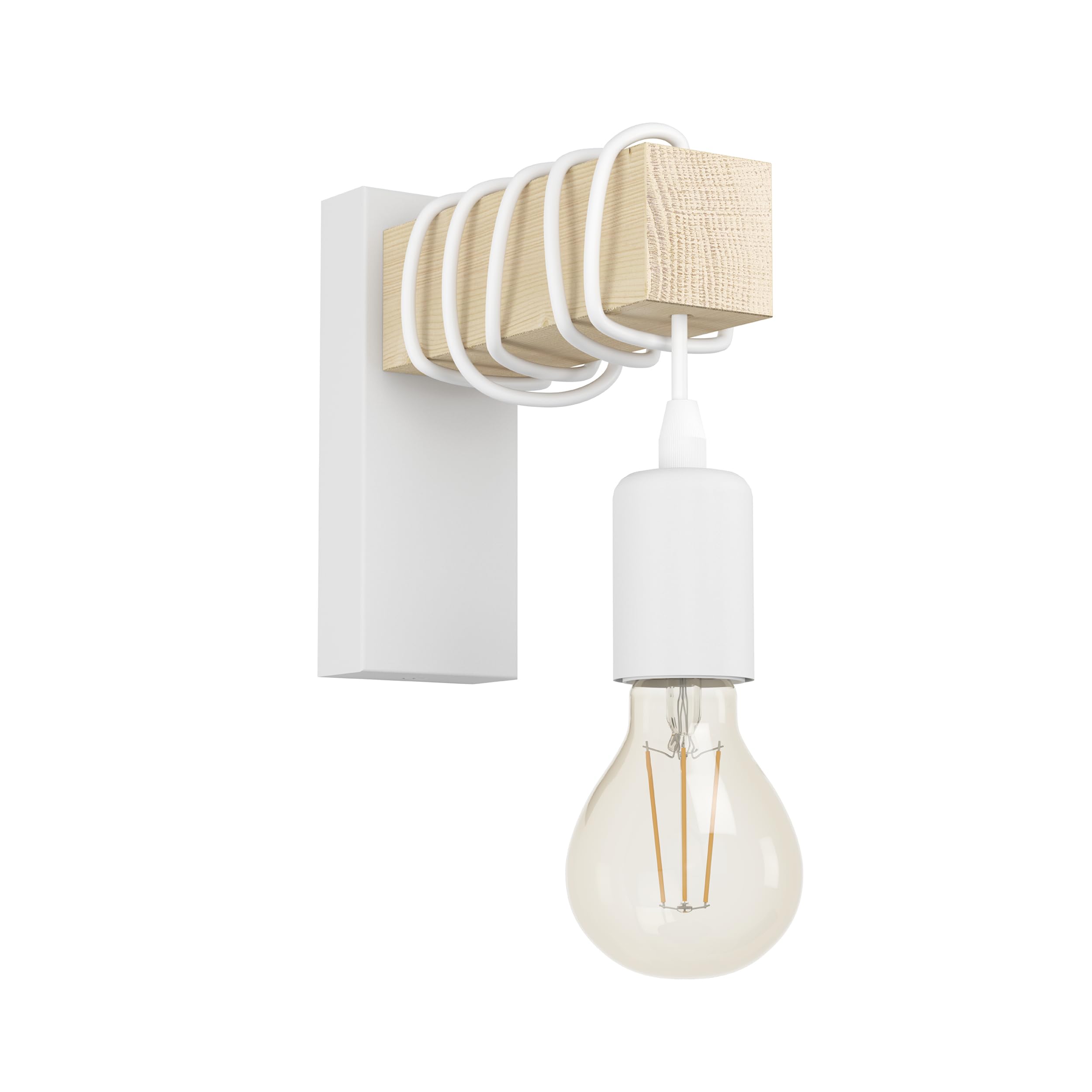 EGLO Wandlampe Townshend, Vintage Wandleuchte im Industrial Design, Retro Lampe aus Stahl und Holz, Farbe Weiß, braun, Fassung E27, FSC zertifziert