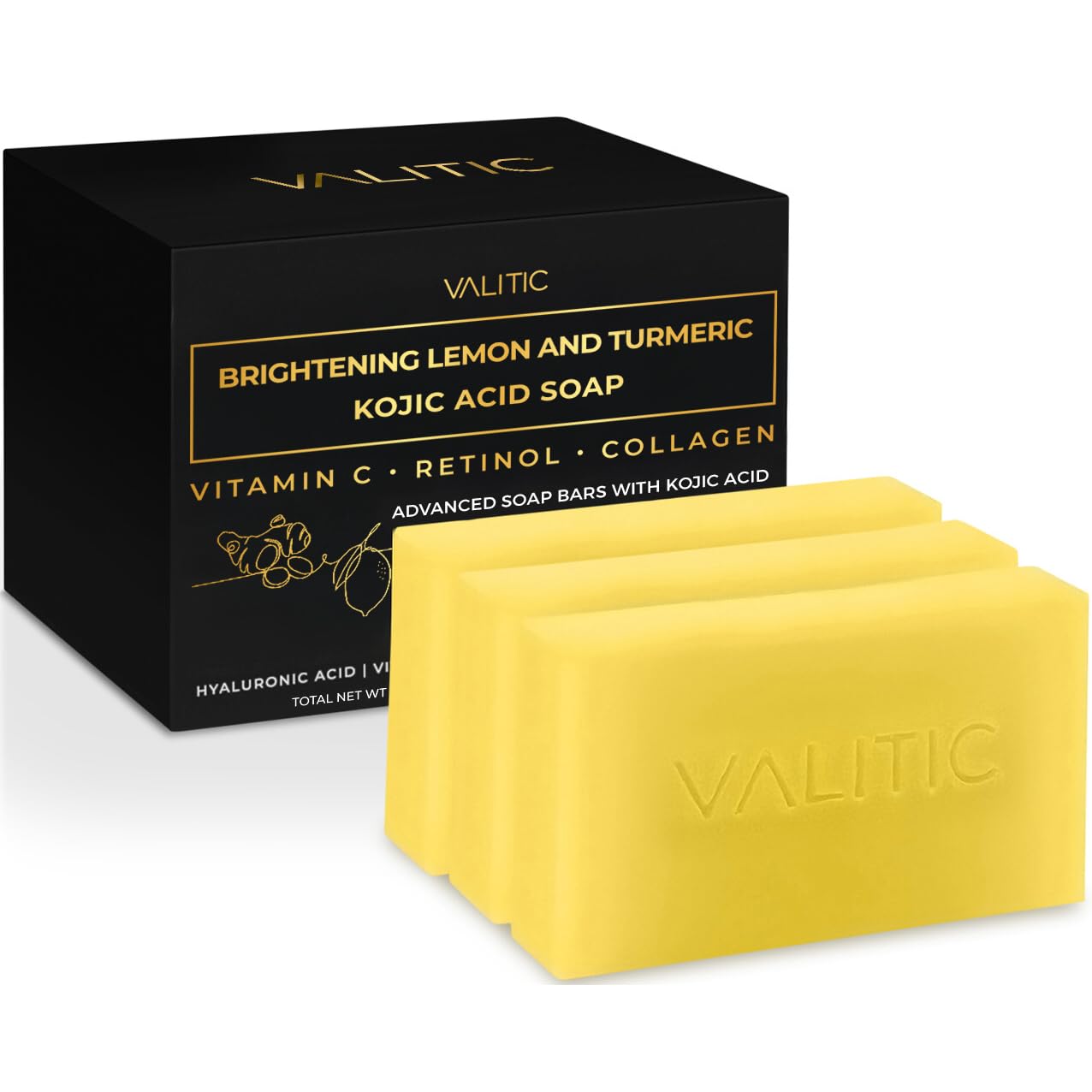Brightening Lemon & Turmeric Kojic Acid Soap with Vitamin C, Retinol, Collagen - Original Japanese Complex Infused with Hyaluronic Acid, Vitamin E, Shea Butter, Castile Olive Oil (3 Pack)