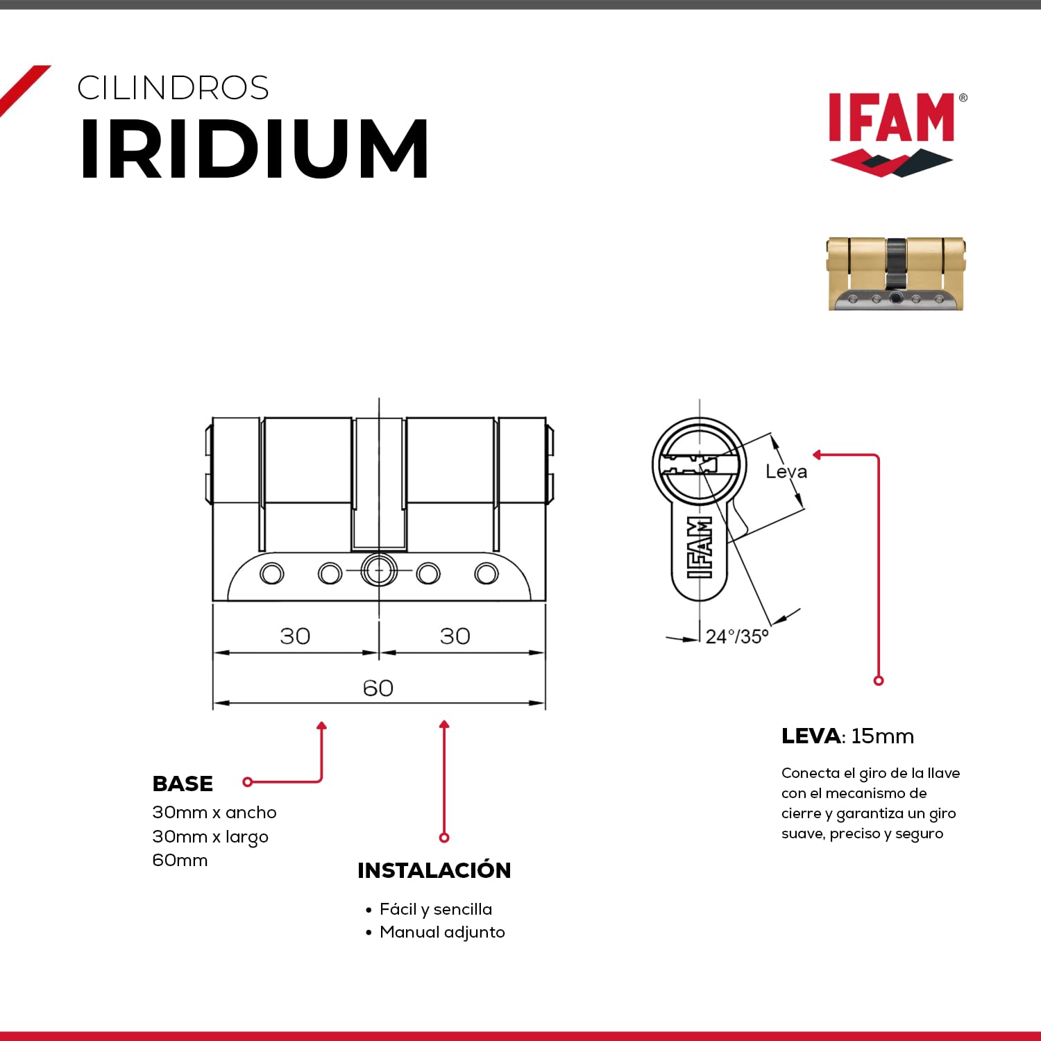 IFAM Cilindro Puertas Iridium, 30x30mm, Leva 15mm, Bombin Cerradura Seguridad, 5 Llaves, Doble Protección Antirotura, Antitaladro y Antiganzúa, Doble Sistema Antibumping, Perfil Europeo, Color Dorado