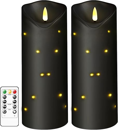 Velas sin llama de 4 x 10 pulgadas, impermeables, funcionan con pilas, con control remoto y temporizador, cadena de luces internas, color negro,