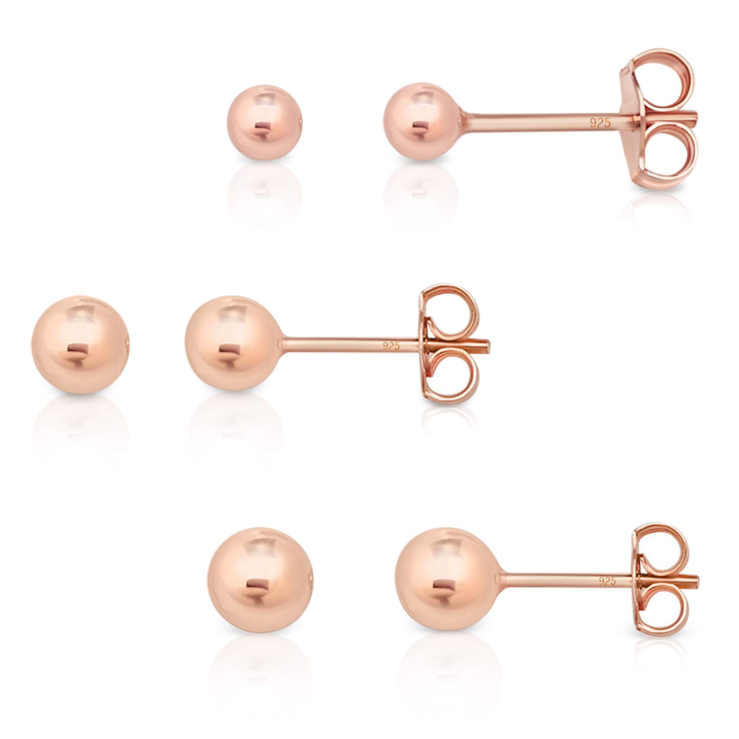 DTPsilverPack de 3 Pendientes Bola Plata de Ley 925, Chapados Oro Rosa o Amarillo - Pendientes Bolitas Pequeñas - Pendientes Pequeños Mujer Bolas - Diámetro Bola 4, 5, 6 mm