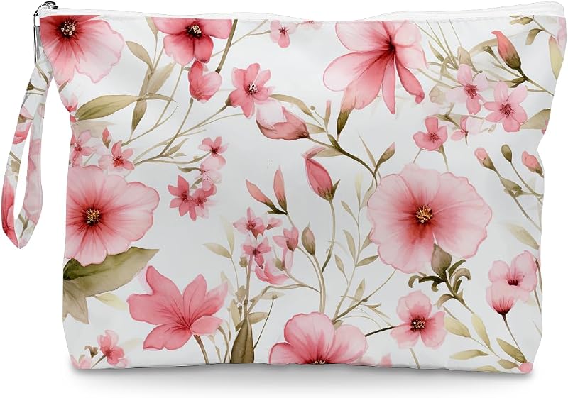 Necessaire Fokongna com estampa floral, zíper e alça, Pink Watercolor Blossom