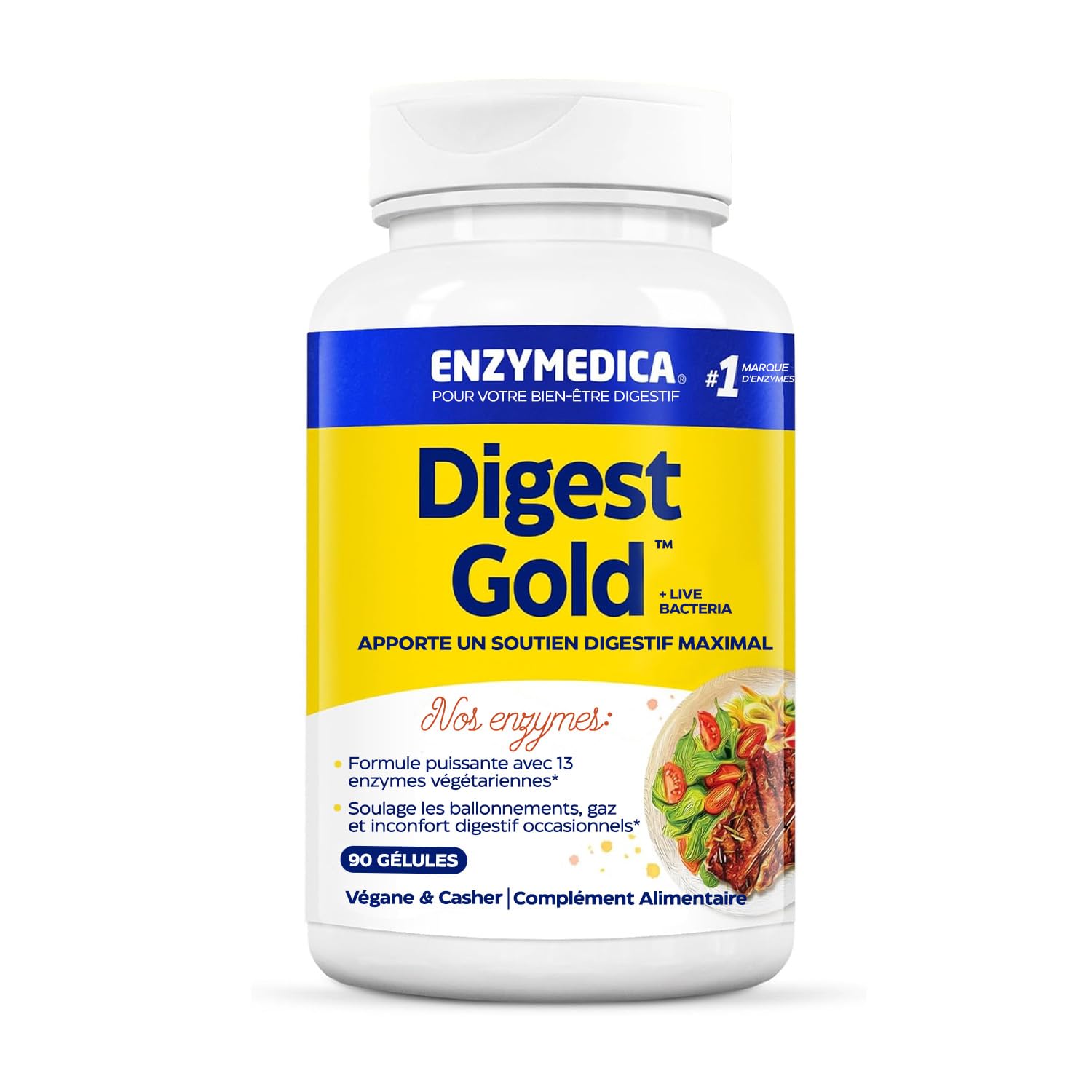 Enzymedica Digest Gold + Live Bacteria, Formule Enzymatique, 90 Capsules, Sans Gluten, Végétalien