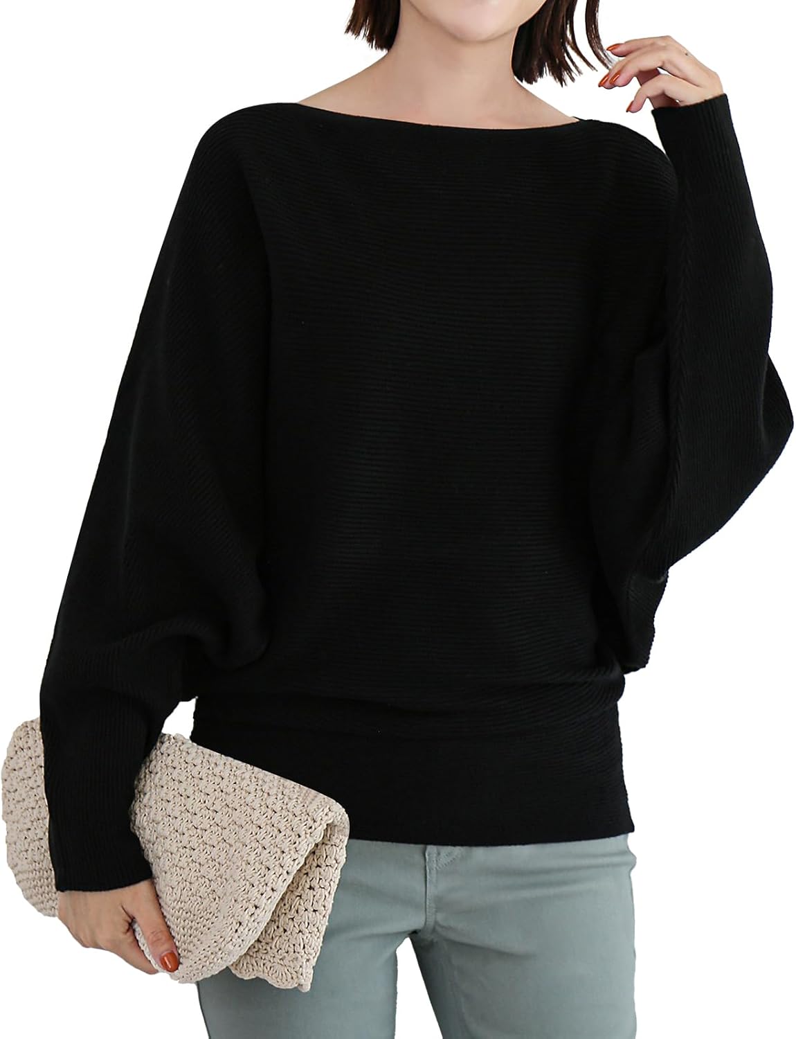 Women's Batwing Long Sleeve Pullover Sweater - Oversize Boat Neck Knitted Ribbed Pullovers with Dolman Sleeve