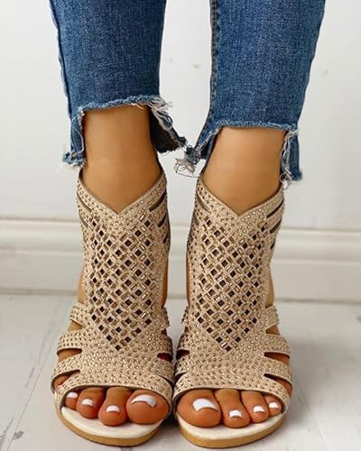 Jonuiony Women's Sandals, Comfort Walking Shoes, Non Slip Jeweled Bohemian Weight Slingback Flats Sandal, Summer Rhinestone Gladiator Flat Shoe, Open Toe Beach Summer Comfy Travel Shoes(Gold,8.5) #TOP3