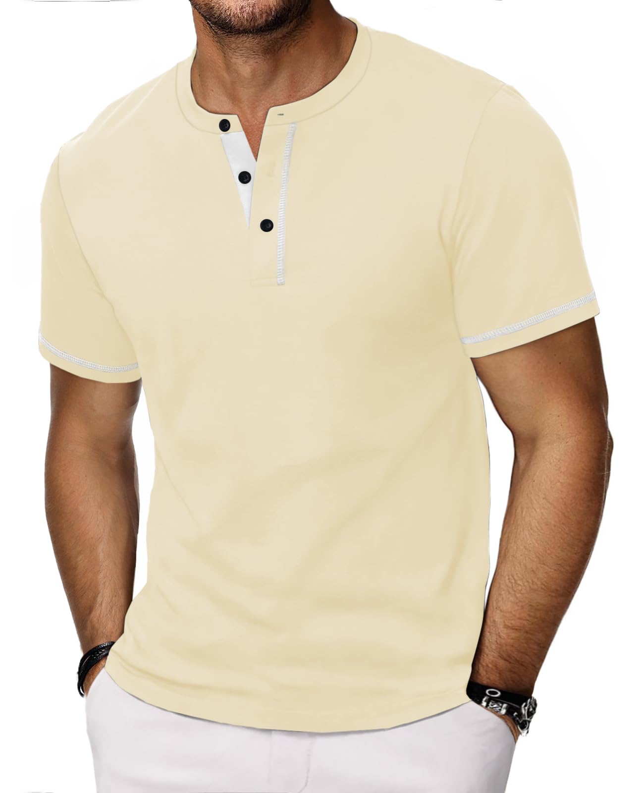 HMIYA Henley Kurzarm T-Shirts für Herren Sommerhemd Baumwolle Knopf Color-Blocking-Ärmeln T-Shirt für Männer
