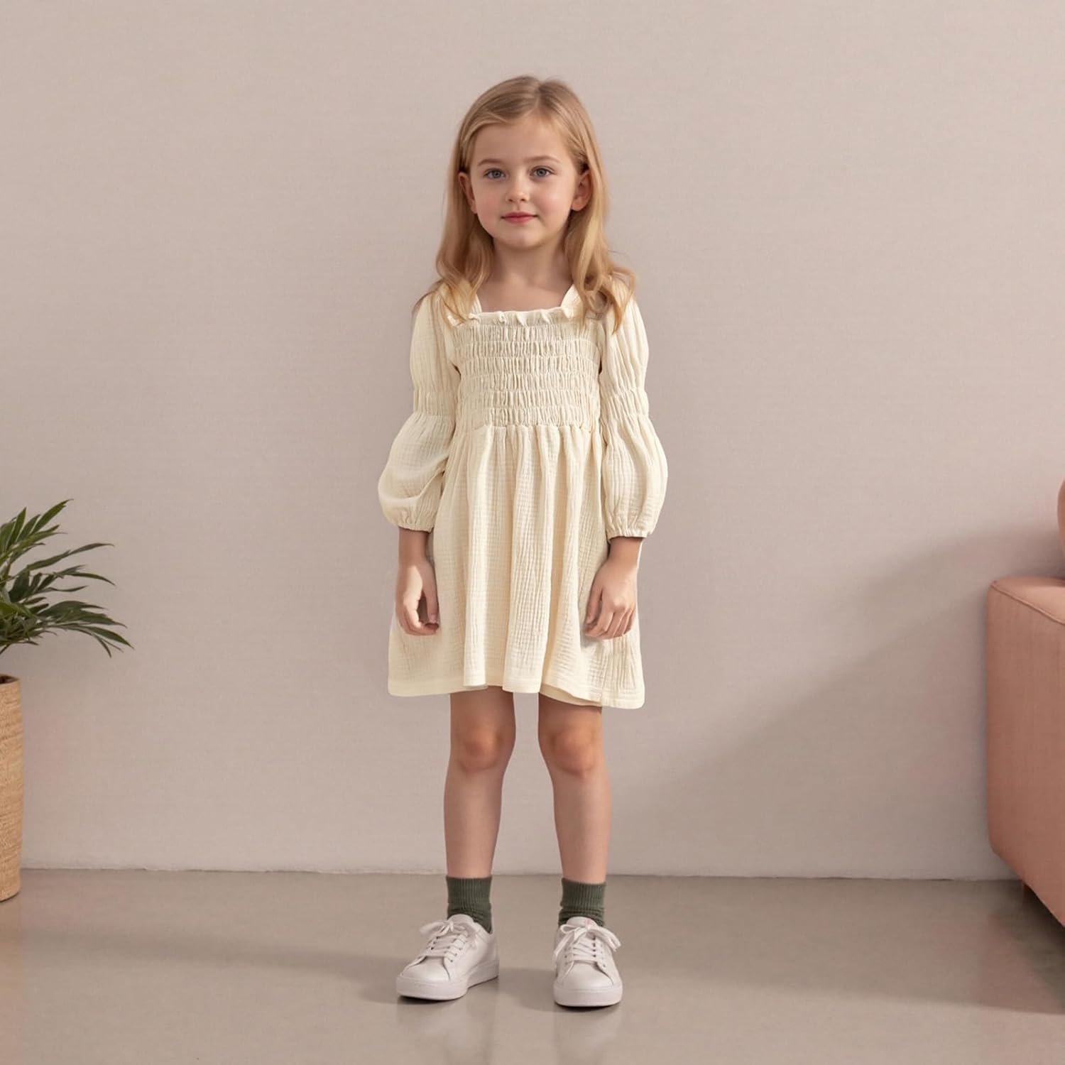 Toddler Girl Smocked Dress Lantern Long Sleeve Solid Color Casual A Line Little Girl Dresses Fall Winter Clothes - Image 3