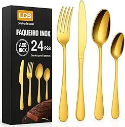 Faqueiro Inox Dourado 24 Peças Mesa Posta - Design Moderno e Elegante/Serve 6 Pessoas (DOURADO)