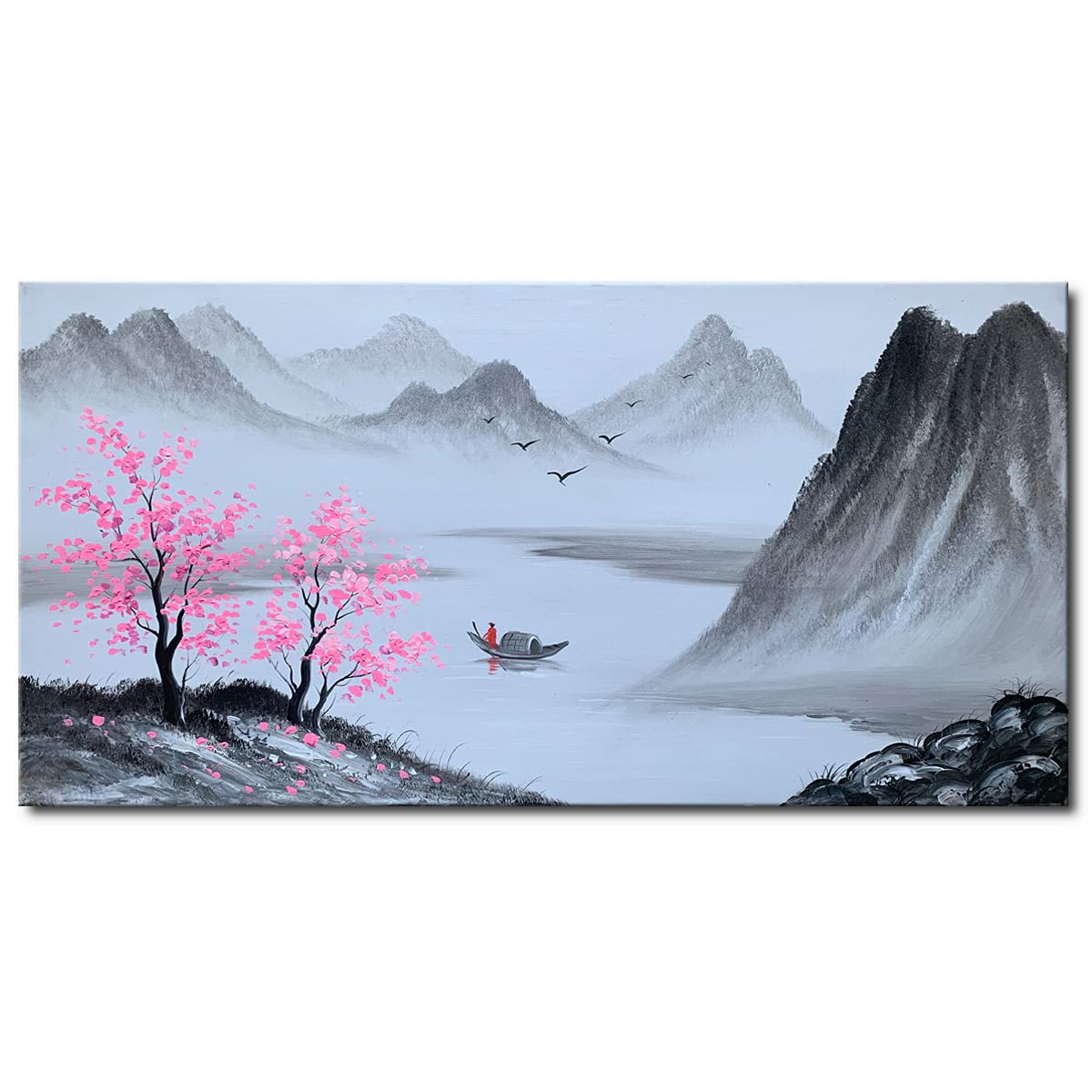 AIANHUA Handmade Traditional Chinese Painting Black and White Mountain Landscape Lake Canvas Wall Art Pink Tree Artwork