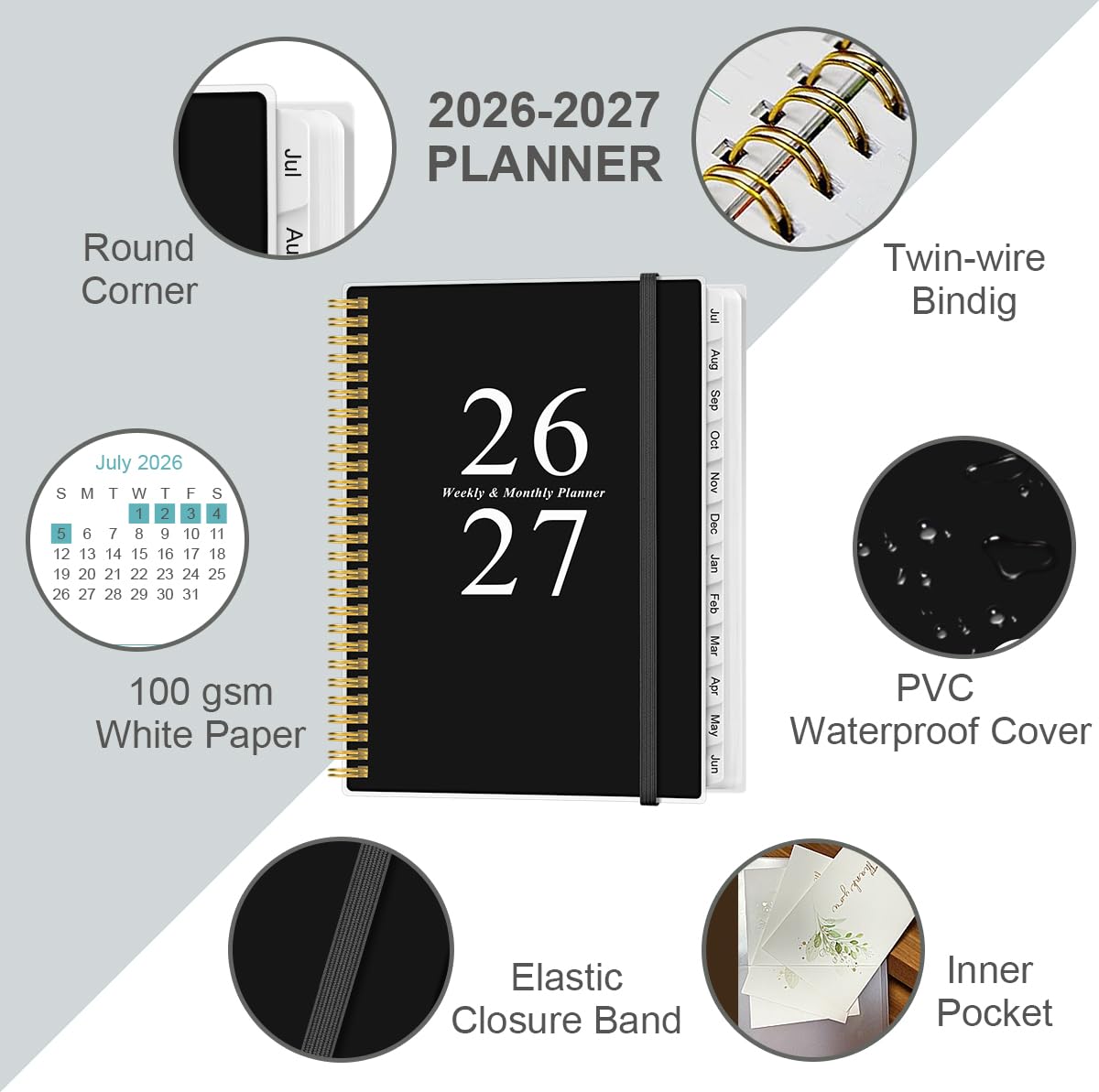 Planer akademicki 2025-2026, od lipca 2025 do czerwca 2026, z 12 zakładkami miesięcznymi, elastyczną osłoną, kieszenią wewnętrzną, 21,6 x 28 cm, czarny