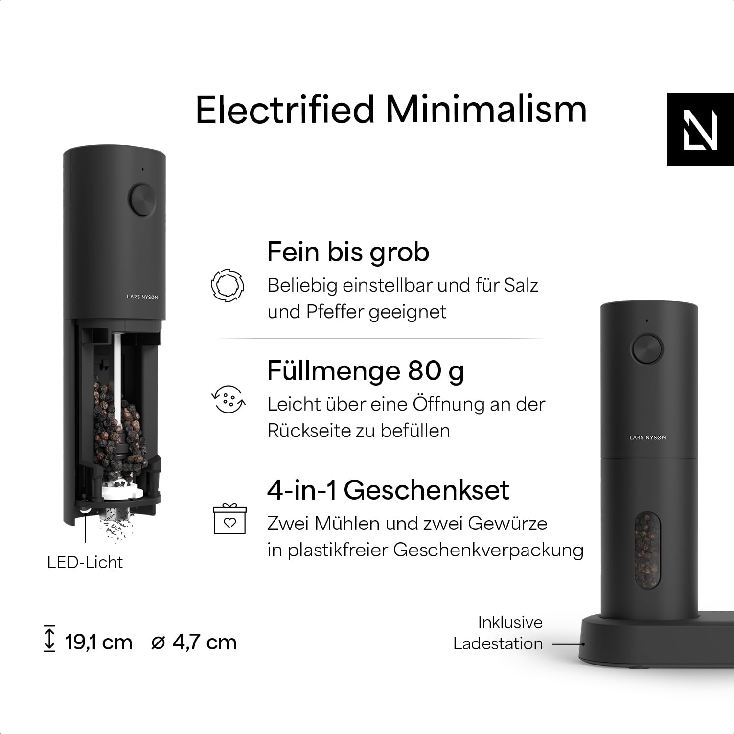 LARS NYSØM Elektrische Gewürzmühlen & Gewürze Geschenkset - Salz- und Pfeffermühlen Set mit 2 hochwertigen Gewürzdosen (Salz, Pfeffer) - Schöne Geschenkbox (Carbon Black)
