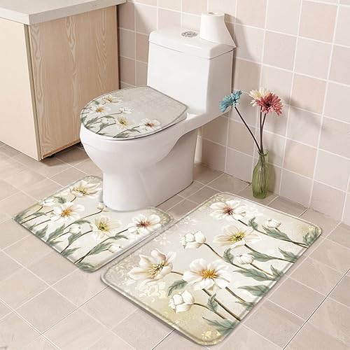 Bathroom Rugs Sets 3 Piece Bath Mat,Classic Flower Farm Plant Retro Back Soft Non-Slip Bath Rug Set,Absorbent Shower Rugs Toilet Seat Cover U-Shaped