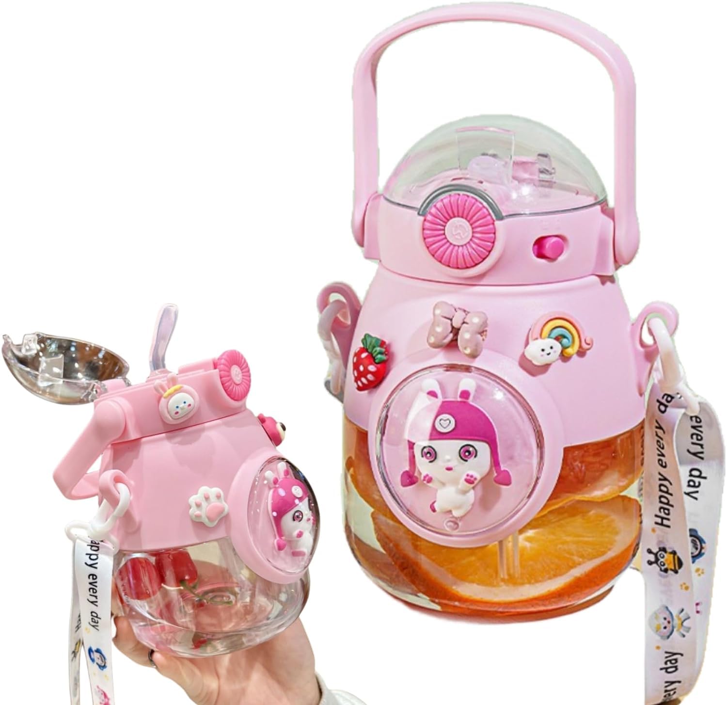 SPPCCO | Kettle Handle Bear Water Bottle with Straw & Strap for Kids | 900 ML | Leak proof Cartoon Plastic Drinking Bottle | WB07-image-14