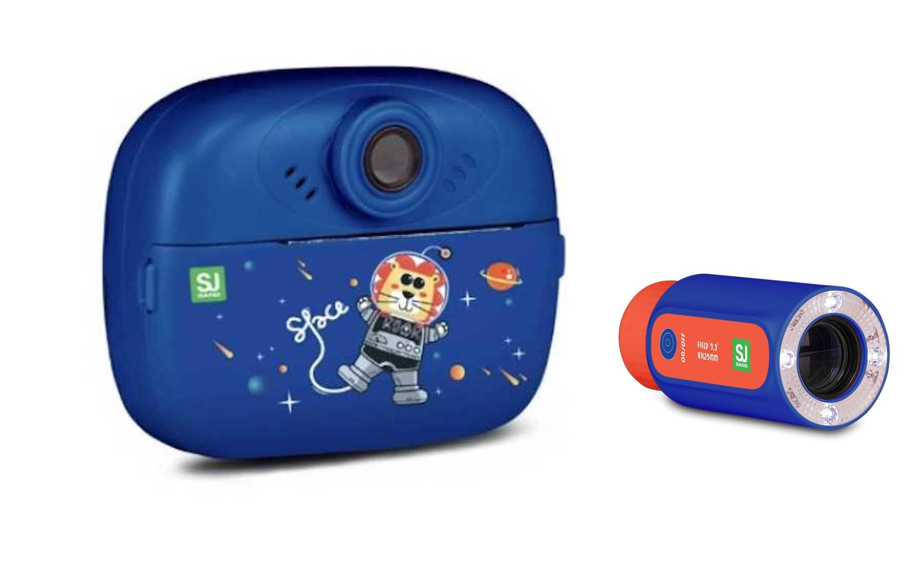 Set Macchina Fotografica Istantanea Leone blu per Bambini con Stampa Termica Seven SJ Gang, Display LCD 2”, Foto e Video 720P, Giochi e Filtri + Monocolo HD con Torcia LED Integrata