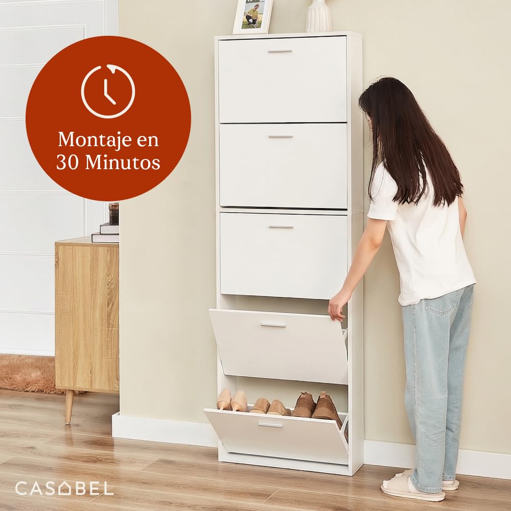CASABEL Zapatero 15 Pares, Espacioso, Puertas y Marco Blanco | Organizador de zapatos, 5 abatibles, compartimentos abatibles, estrecho, ahorro de espacio, diseño moderno, montaje fácil