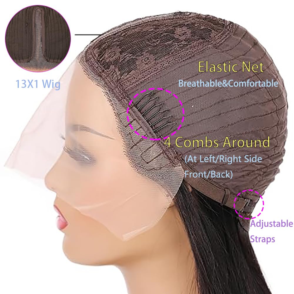 Parrucca Donna Capelli Veri Umani 13x1 Lace Front Wig Straight Human Hair Wig Natural Black Wig Pre Plucked with Baby Hair 180% Density Hair 32 Pollice