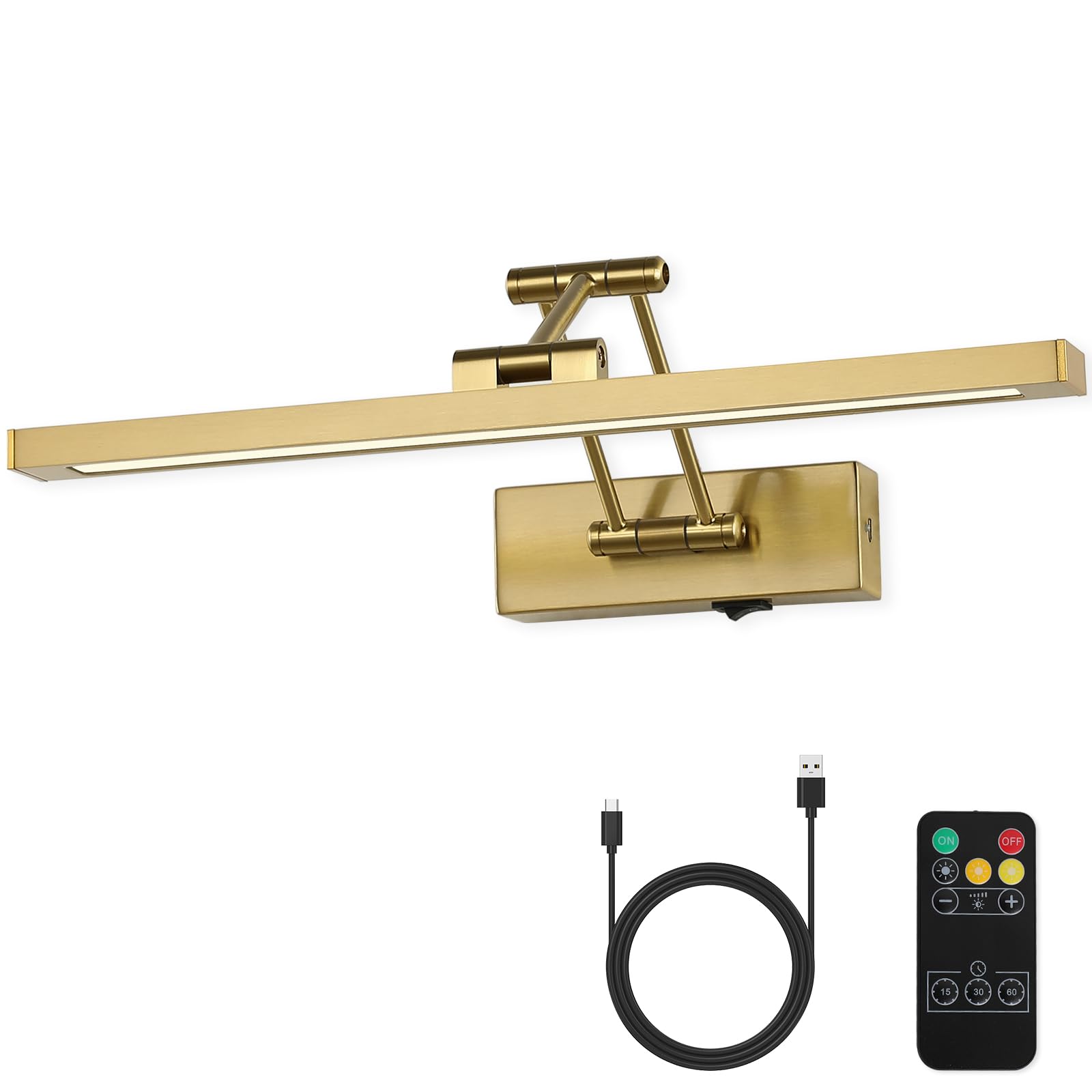 Joossnwell Battery Operated Picture Light with Remote Wireless Art Lights for Paintings Brass Gallery Light Dimmable & Timer Rechargeable Picture Lighting for Wall 15.35 Inch for Artwork Frame