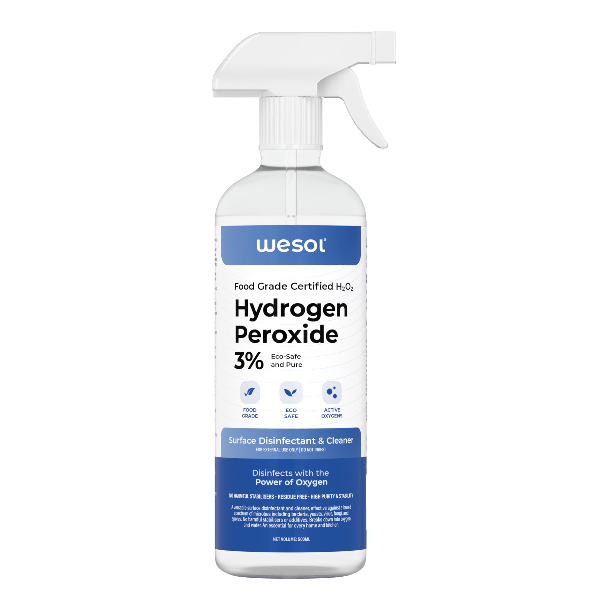 Wesol Hydrogen Peroxide 3% Food Grade | Multi-Use Disinfectant | Kills 99.9% Germs & Viruses | 500ml Pack - Best For Cleaning, General disinfection, deodorising, Hydroponics, Food production