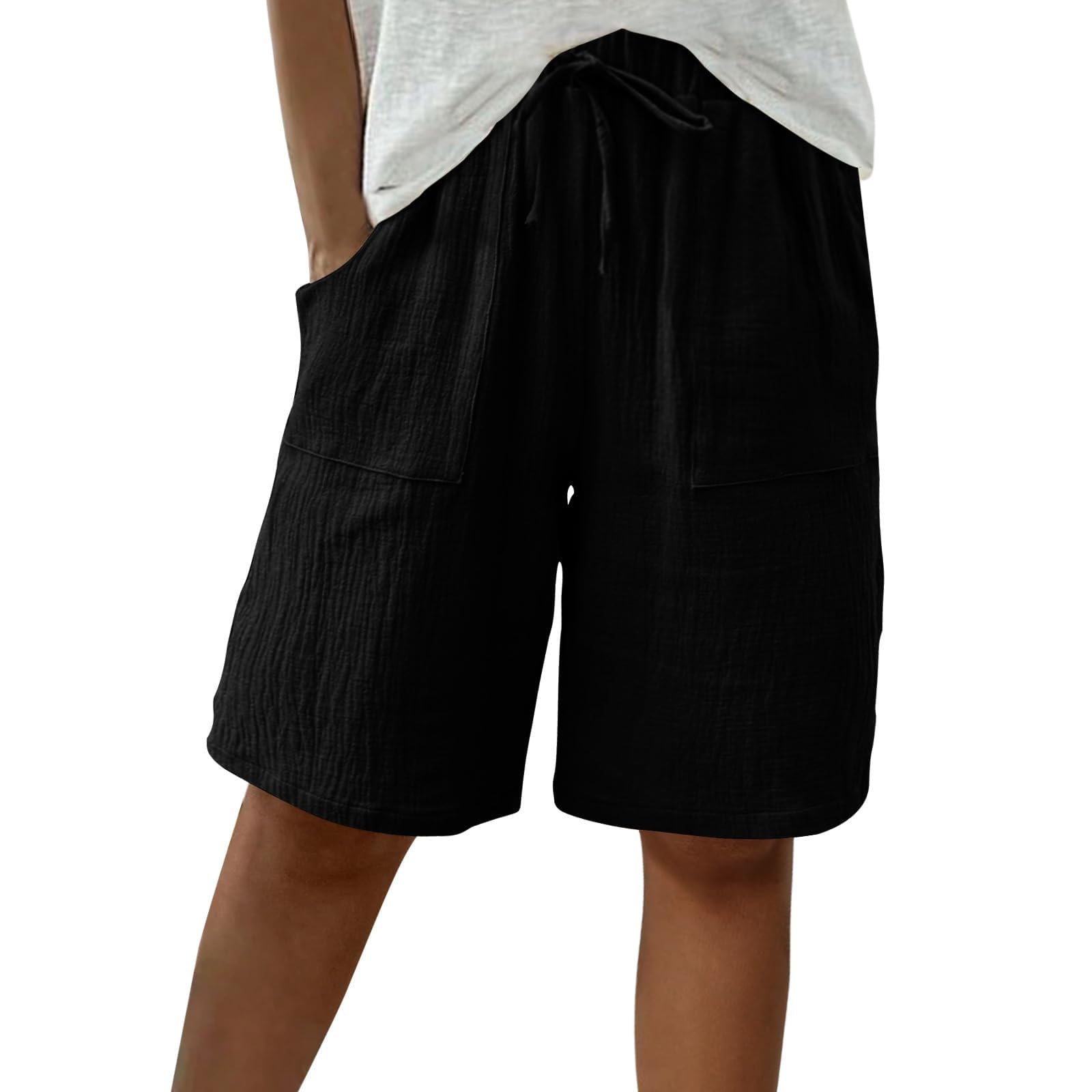 APRDFEU Bermuda Shorts for Women Knee Length High Waisted Baggy Shorts with Pockets Cotton Linen Summer Casual Lounge Outfits — view 13