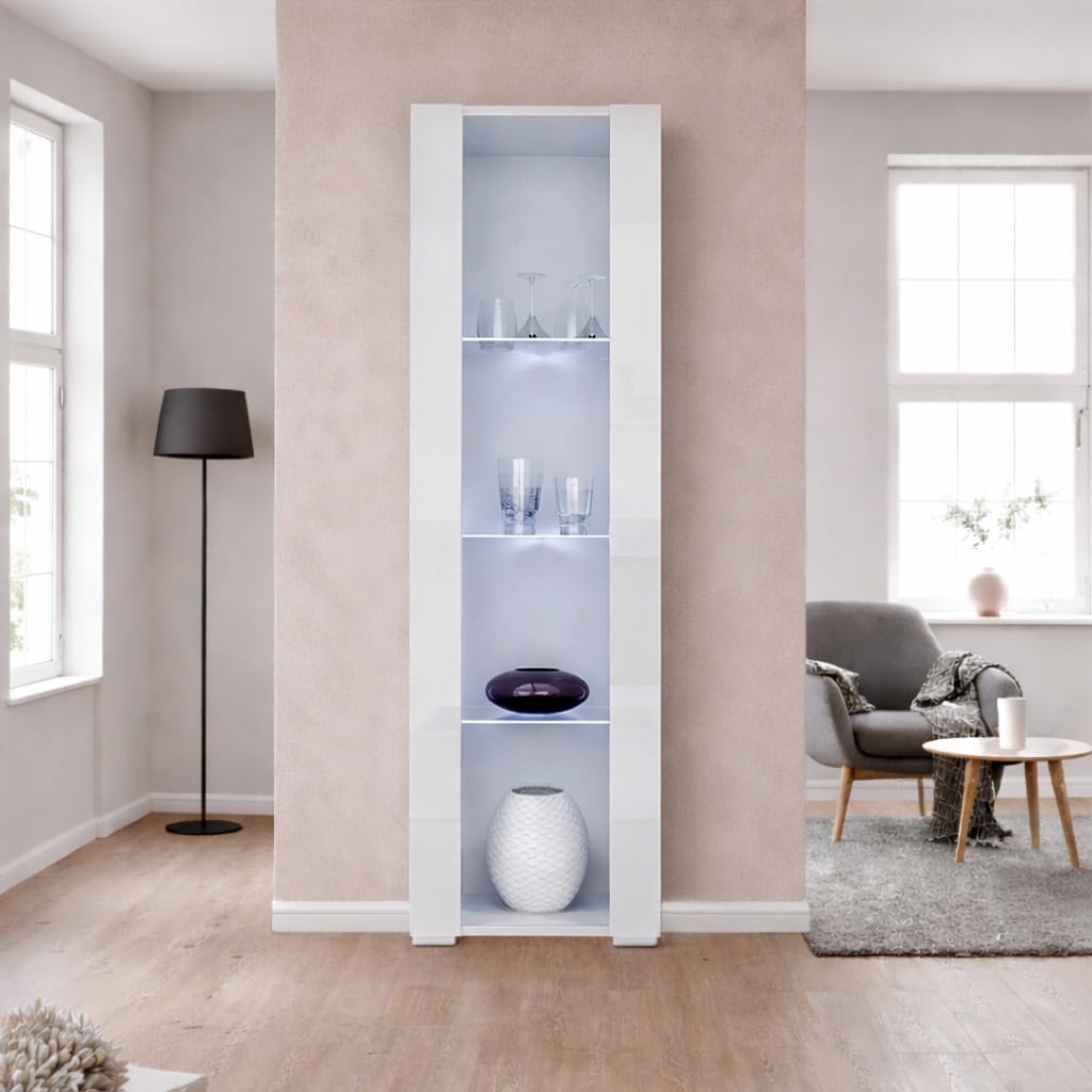 MB Muebles Bonitos Vitrina de Salón Moderna Tipo Columna con Iluminación LED Azul, Estantería Estrecha de 4 Compartimentos, Acabado Blanco Brillo, 172x40x29 cm, Modelo Nora V5