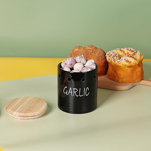 Miniatura 8 de Contenedor de ajo de cerámica con tapa de madera, contenedor de ajo para mostrador, fácil de limpiar, ahorra ajo para mantener tus dientes de ajo