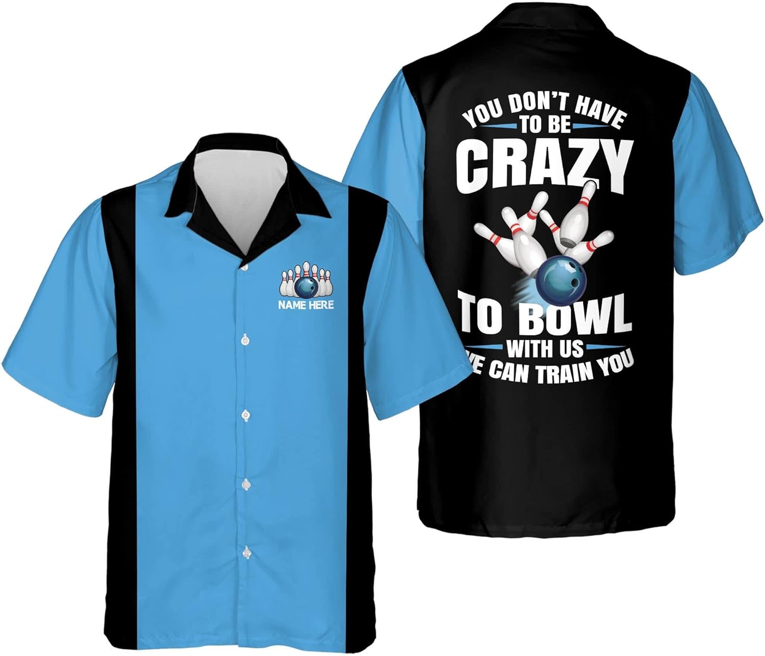 Customize Hawaiian Bowlers Shirt with Flame Bowlers Balls Pins Black Blue Bowler Shirts, Custom Bowling Shirts