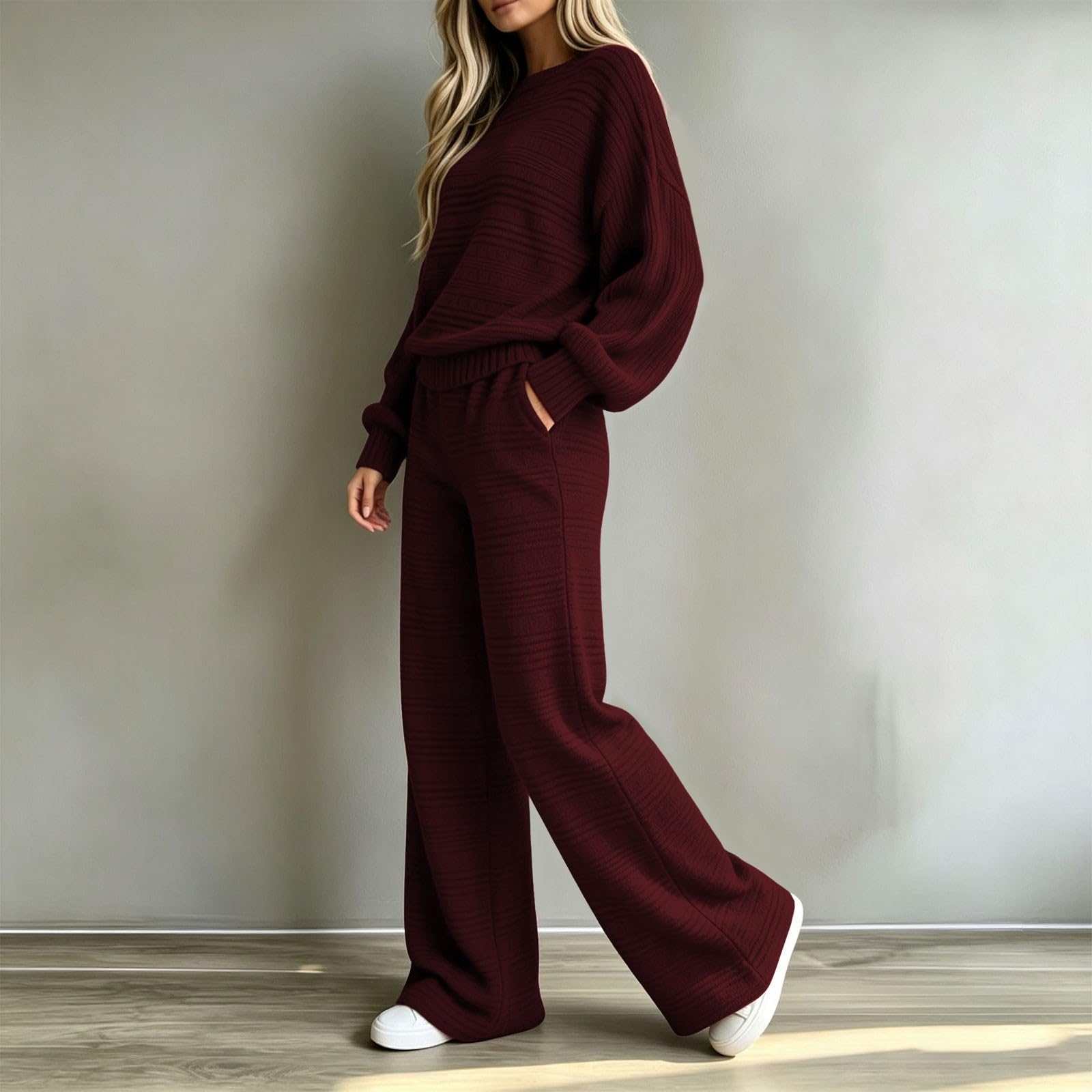Set da donna in due pezzi, taglia grande, elegante | Maglia girocollo a gamba larga, pantaloni palazzo a costine, abbigliamento per il tempo libero, 2 pezzi