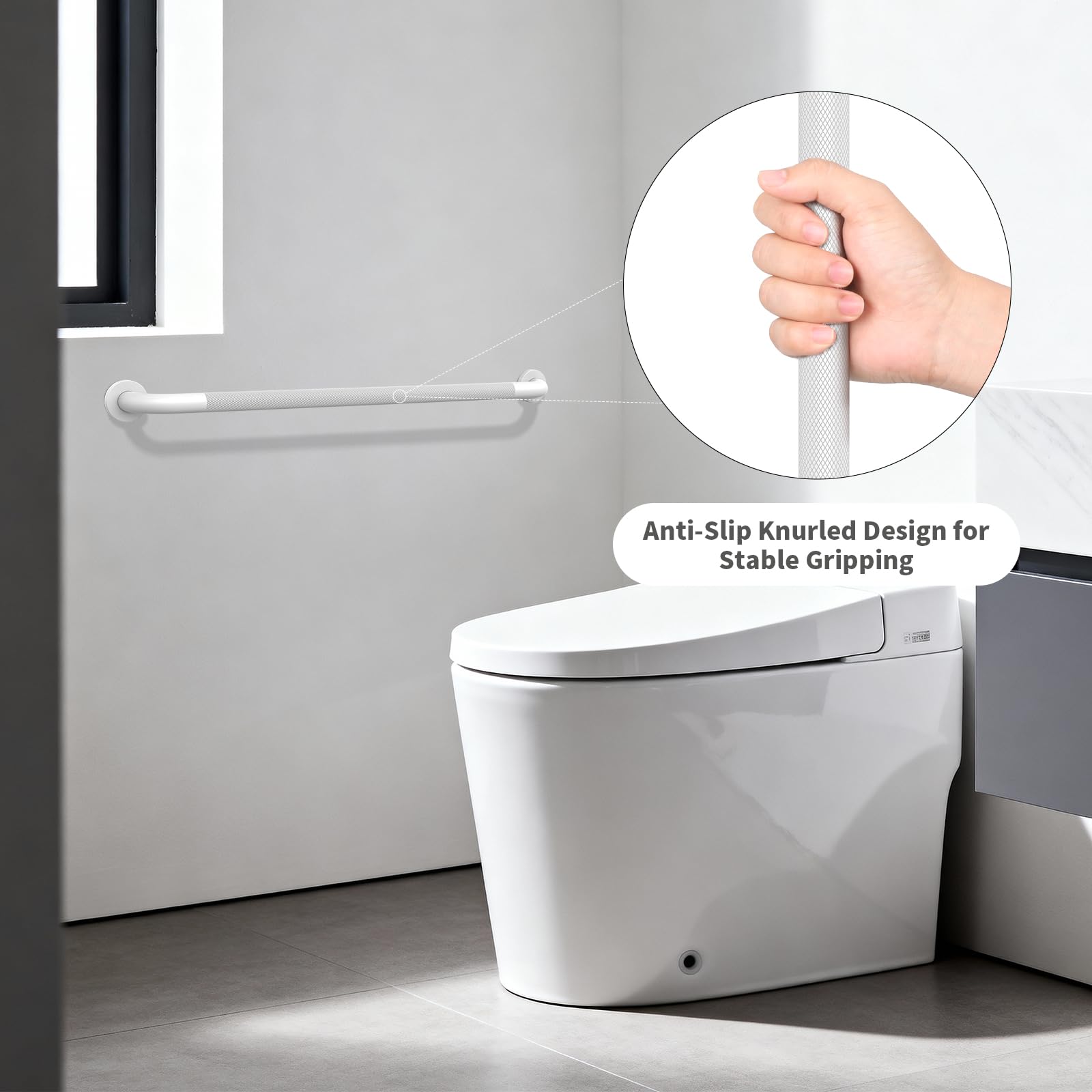 Barra de agarre blanca para ducha de 91,4 cm - 3,18 cm de diámetro, barra de agarre de baño iHansee con agarre estriado antideslizante, barras de seguridad de baño de acero inoxidable para personas