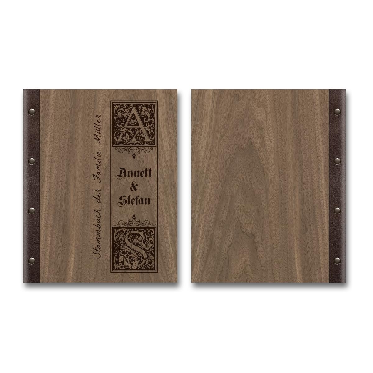 Personalisiertes Stammbuch Hochzeit aus echtem Holz mit Leder Rücken A5 oder A4 inkl. vorgedruckten Seiten - Siegelbrief