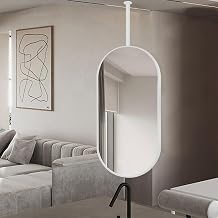 Ceiling Mounted Hanging Rod Mirror, Oval Bathroom Mirror with Metal Framed and BoomBoom can be Customized, Decorative Wall Mounted Vanity Mirrors, White Size 50cmx70cm