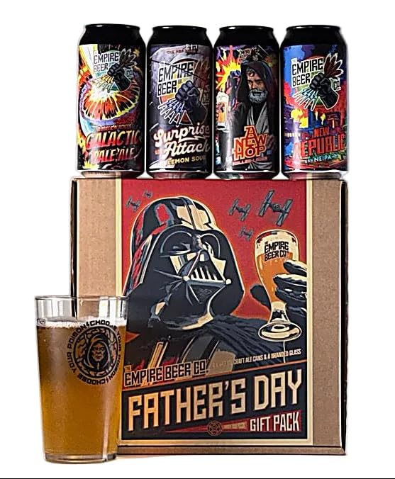 Empire Beer Co Beer Gift Pack 4 Craft Beer Cans & Branded Pint Glass Sci-Fi Inspired Gift Set for No1 Dad Craft Ale & Sour Selection