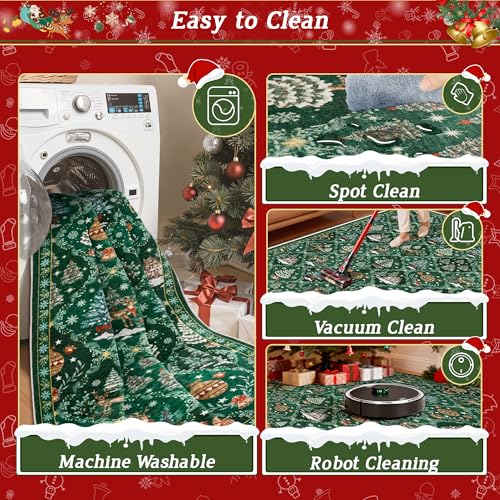 Madane Christmas Runner Rugs for Hallway 2x10 Long, Washable Non-Slip Green Hallway Rug Low-Pile Stair Kitchen Runner Soft Holiday Decor Throw Carpet for Entrance Living Dining Laundry Room