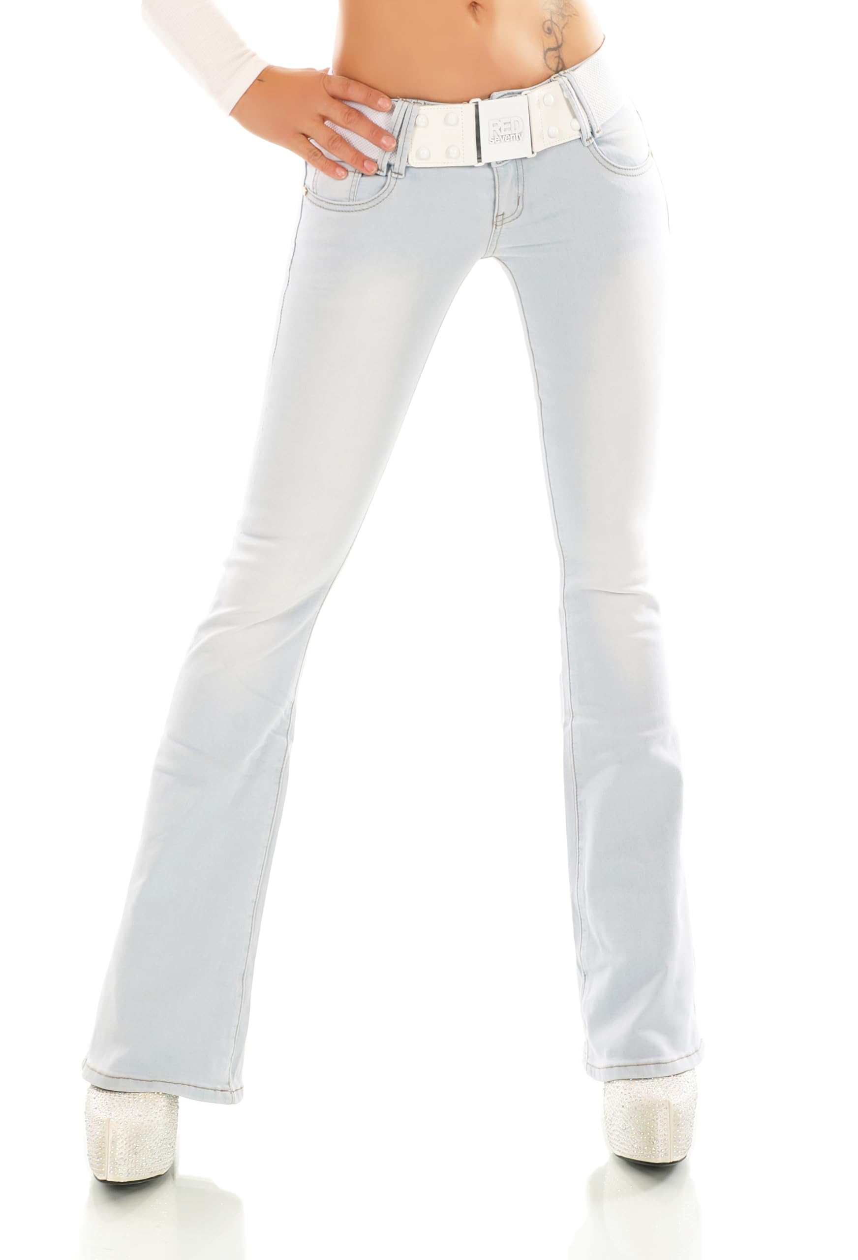 Damen Hüft Jeans Hose Bootcut Schlag Slimfit Strtech Denim inkl. Gürtel XS S M L XL