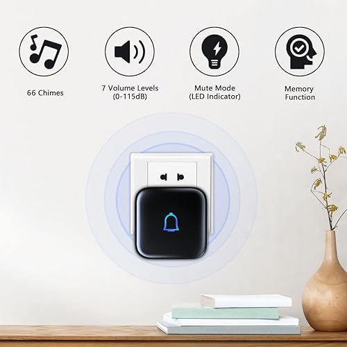 Miniatura 9 de Timbre inalámbrico IP66 resistente al agua de 1000 pies con 56 timbres de 115 dB 7 niveles de volumen, modo de silencio con flash LED, timbre