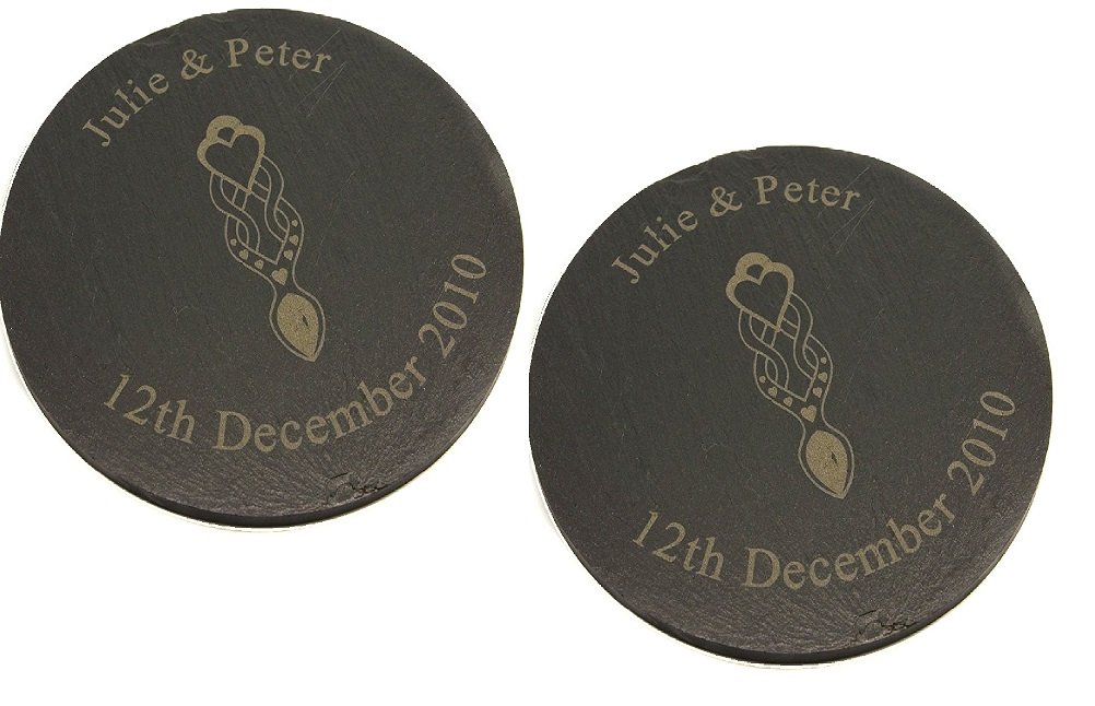 County Engraving 1 Pair Personalised Welsh Slate Coasters, Welsh Love Spoon Design With Engraved Name & Date - Enter Your Own Custom Text