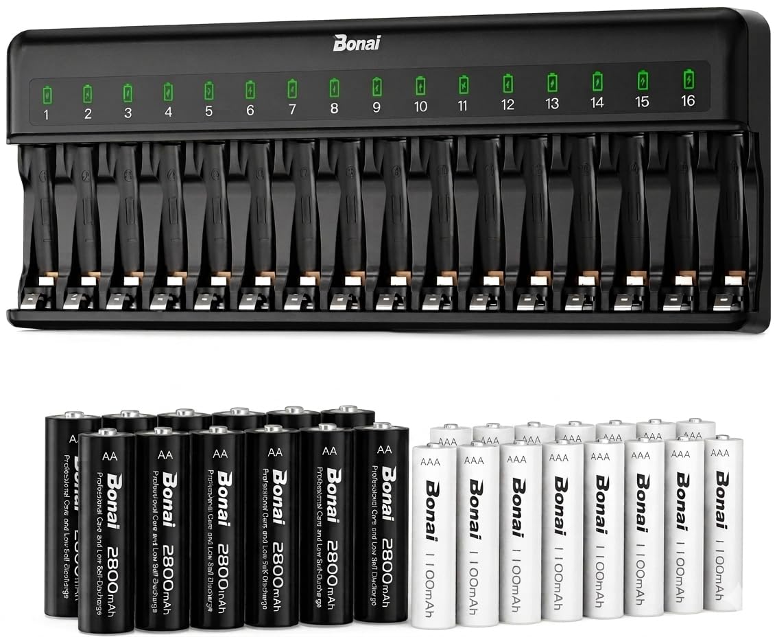 BONAI 16 Slots Chargeur Piles Rechargeable + Piles Rechargeables (12xAA et 12xAAA 2800/1100mAh à Ni-Mh)