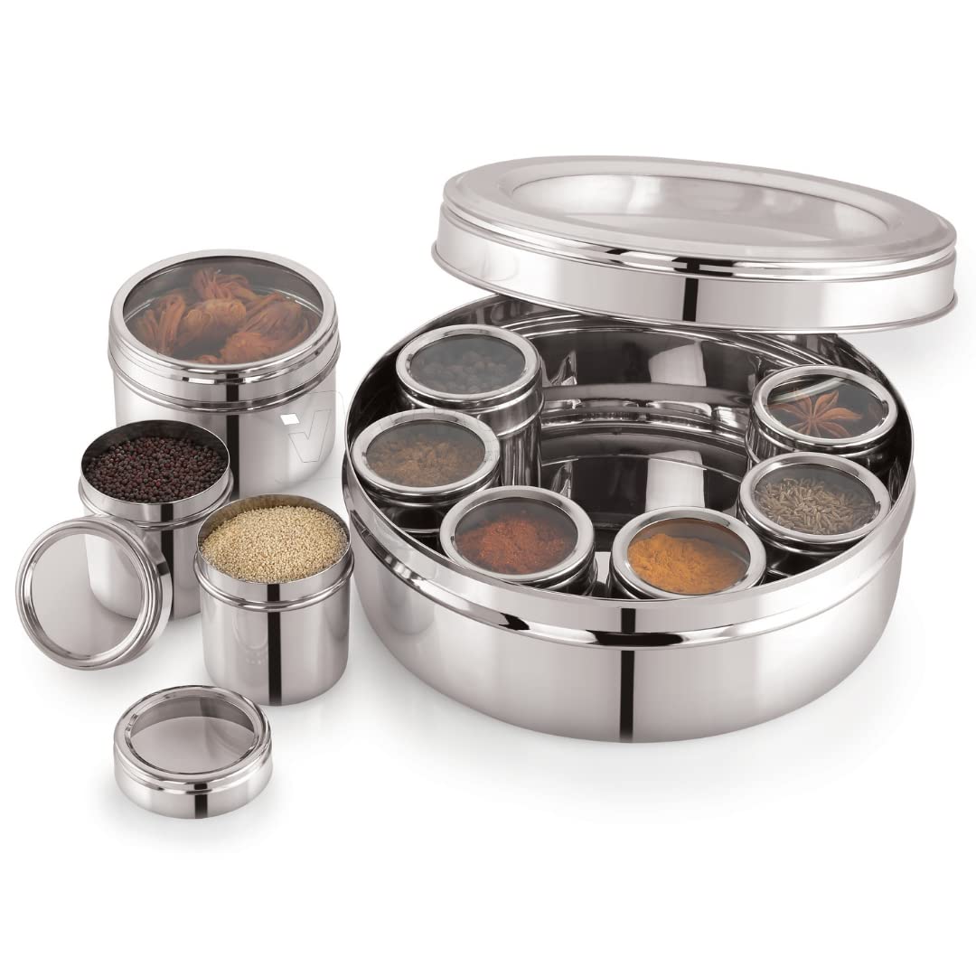 ivbox® Big-Smart 9-in-1 Stainless Steel Masala Box Dani dabba Spice Organiser for Kitchen With See-Through Lid and 9 Containers with Spoon, Silver (B0CP2KR4GF) Amazon Price History, Amazon Price Tracker
