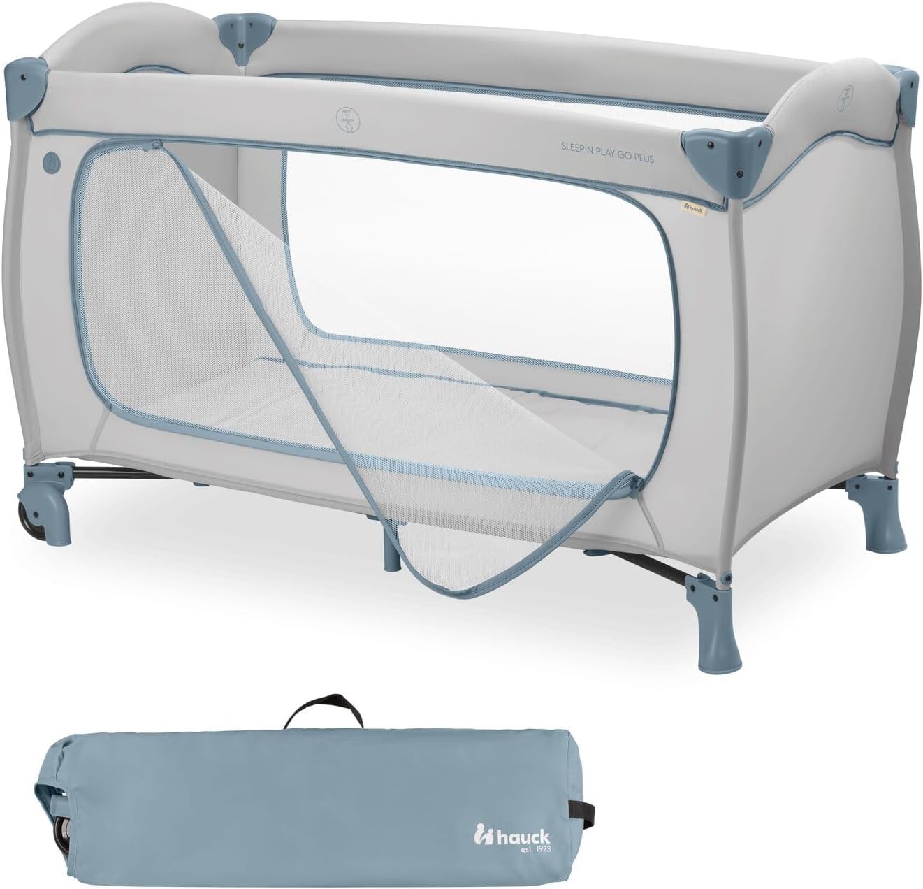 hauck Sleep N Play Go Plus łóżeczko podróżne dla dzieci z kółkami, torba transportowa i duży pokrowiec do zabawy, małe składane, łóżeczko podróżne dla niemowląt od urodzenia do 15 kg, (Dusty Blue)