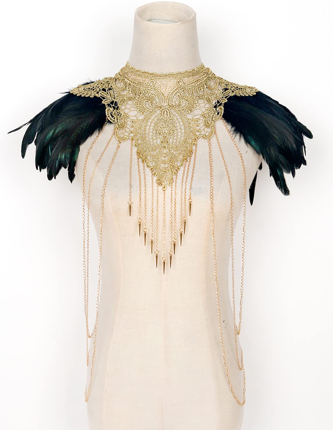 L'VOW Real Black Feather Harness Lace Collar Necklace Bib Halloween: Z-Brown-01