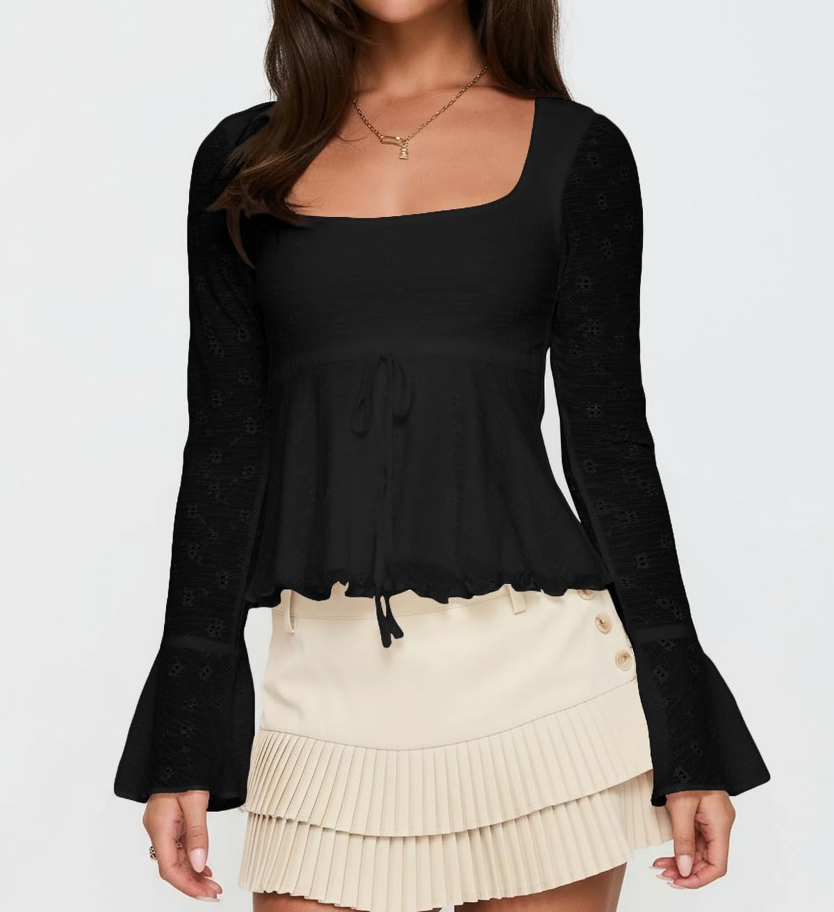 Women Coquette Long Bell Sleeve Floral Ruffle Babydoll Crop Tops Fall Y2k Boho Square Neck Peplum Shirt Blouses - Image 2