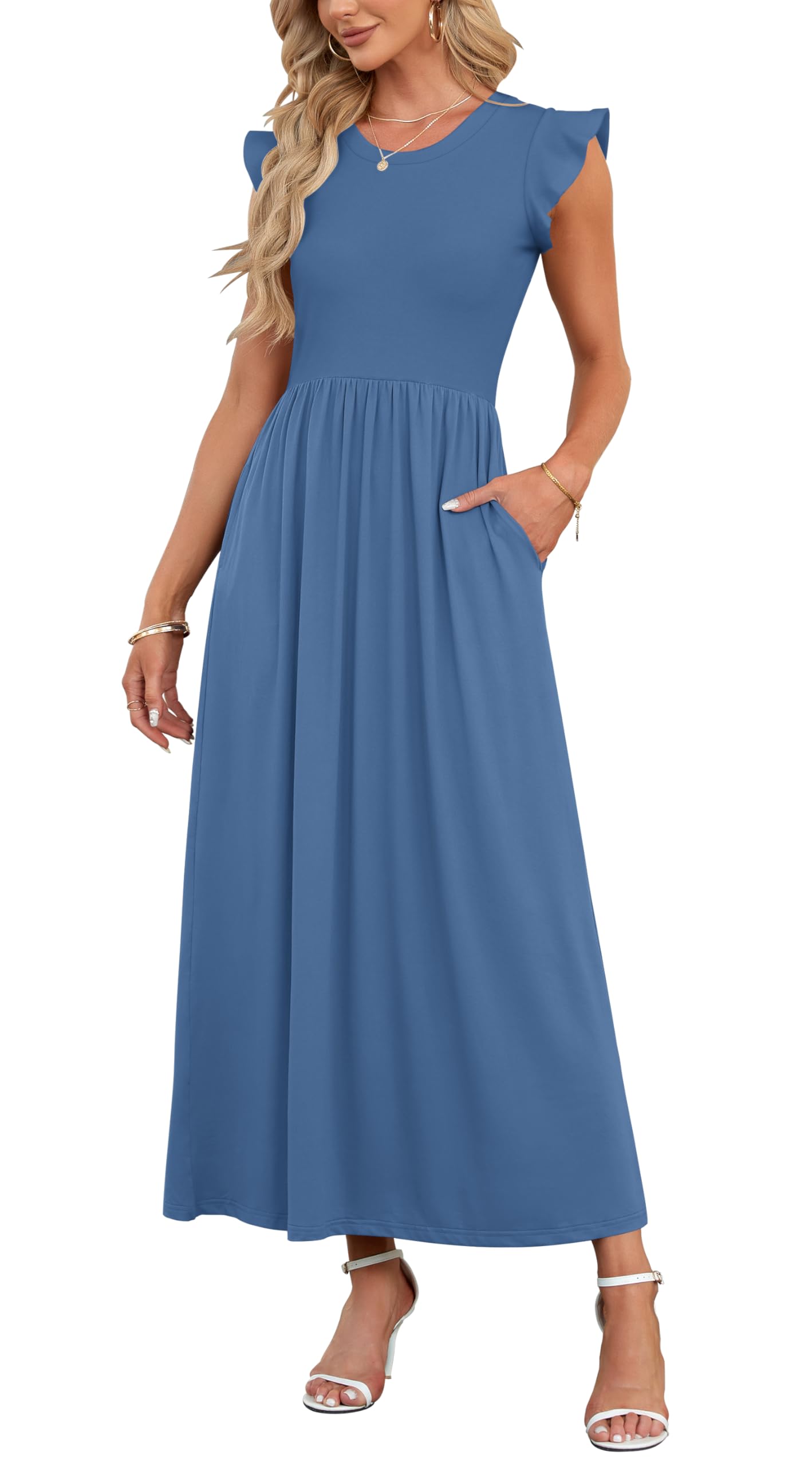 AUSELILY Damen Sommer Rundhalsausschnitt Maxi Kleid mit Taschen Kurzarm und Rüschen Lässiges Hohe Taille Langes Lockeres Bodenlanger Rock
